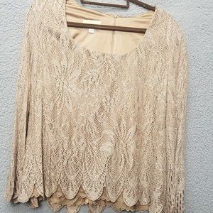 DAMIANOU Women's Made in the USA Gold Shimmer Lace Scalloped Blouse Top Size L